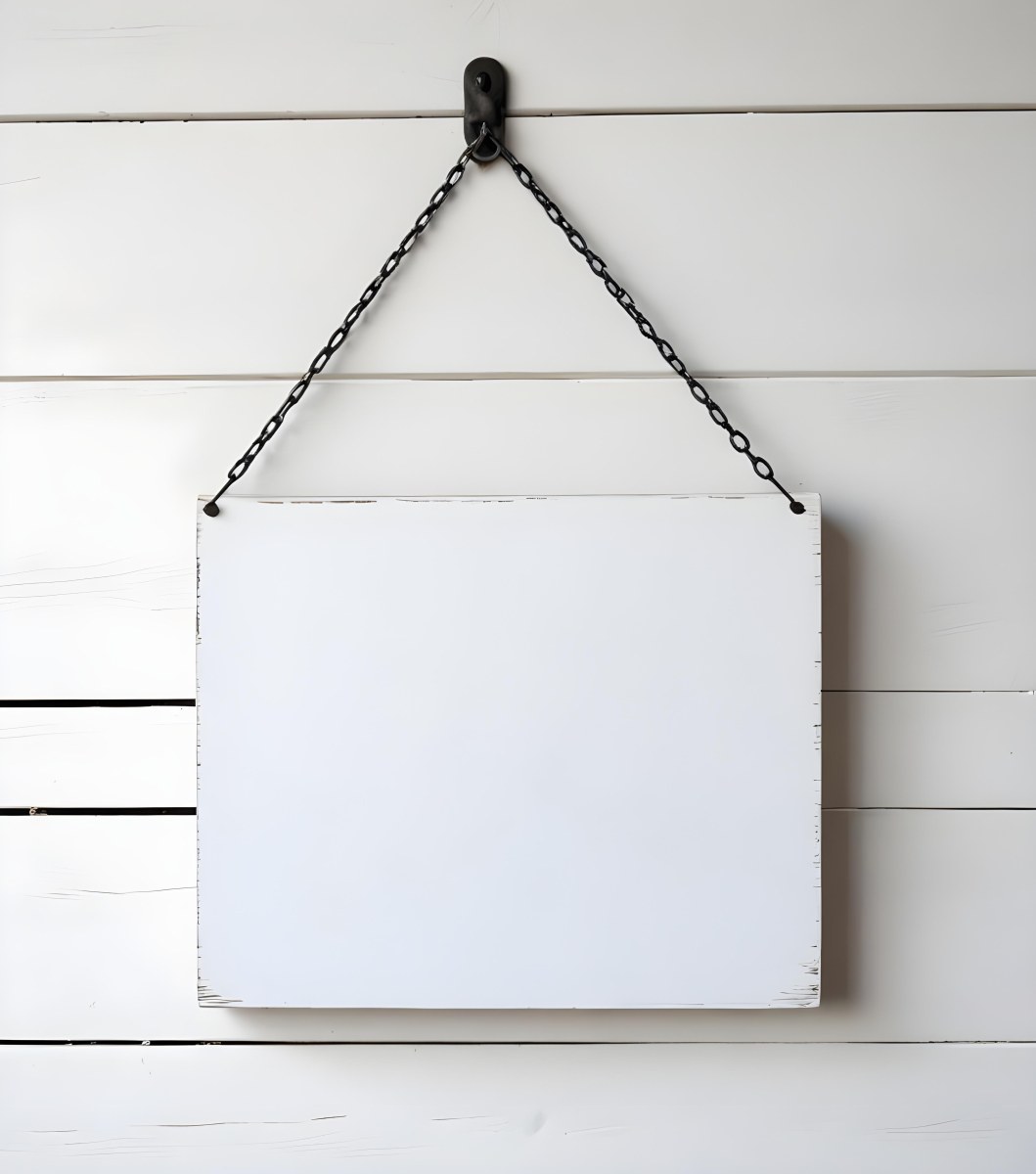 A White Wooden Sign Hanging From Two Metal Chains The Background Is Plain White 6 Bfc7