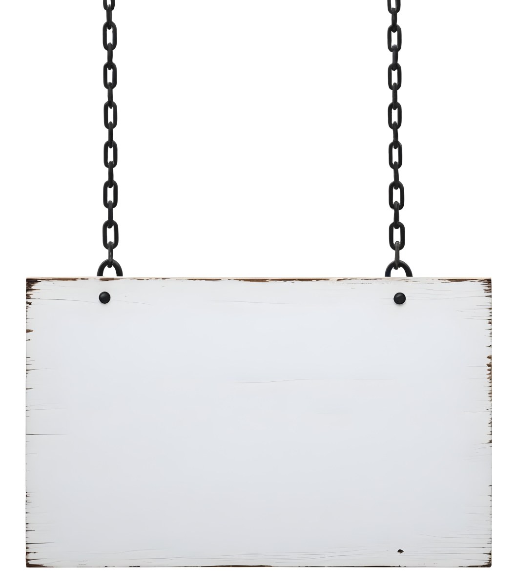 A White Wooden Sign Hanging From Two Metal Chains The Background Is Plain White 7 3b3d