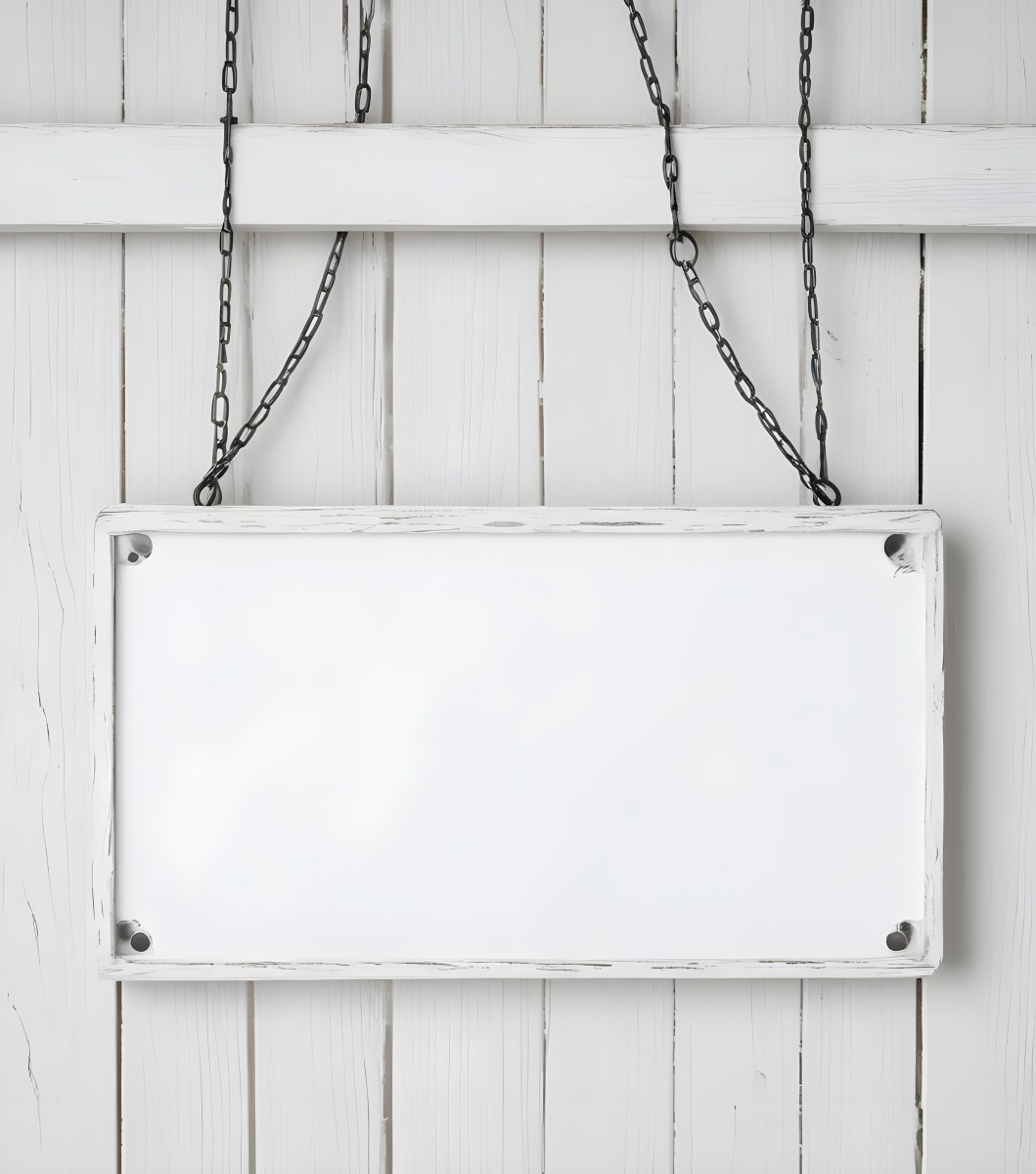 A White Wooden Sign Hanging From Two Metal Chains The Background Is Plain White 9 Df38