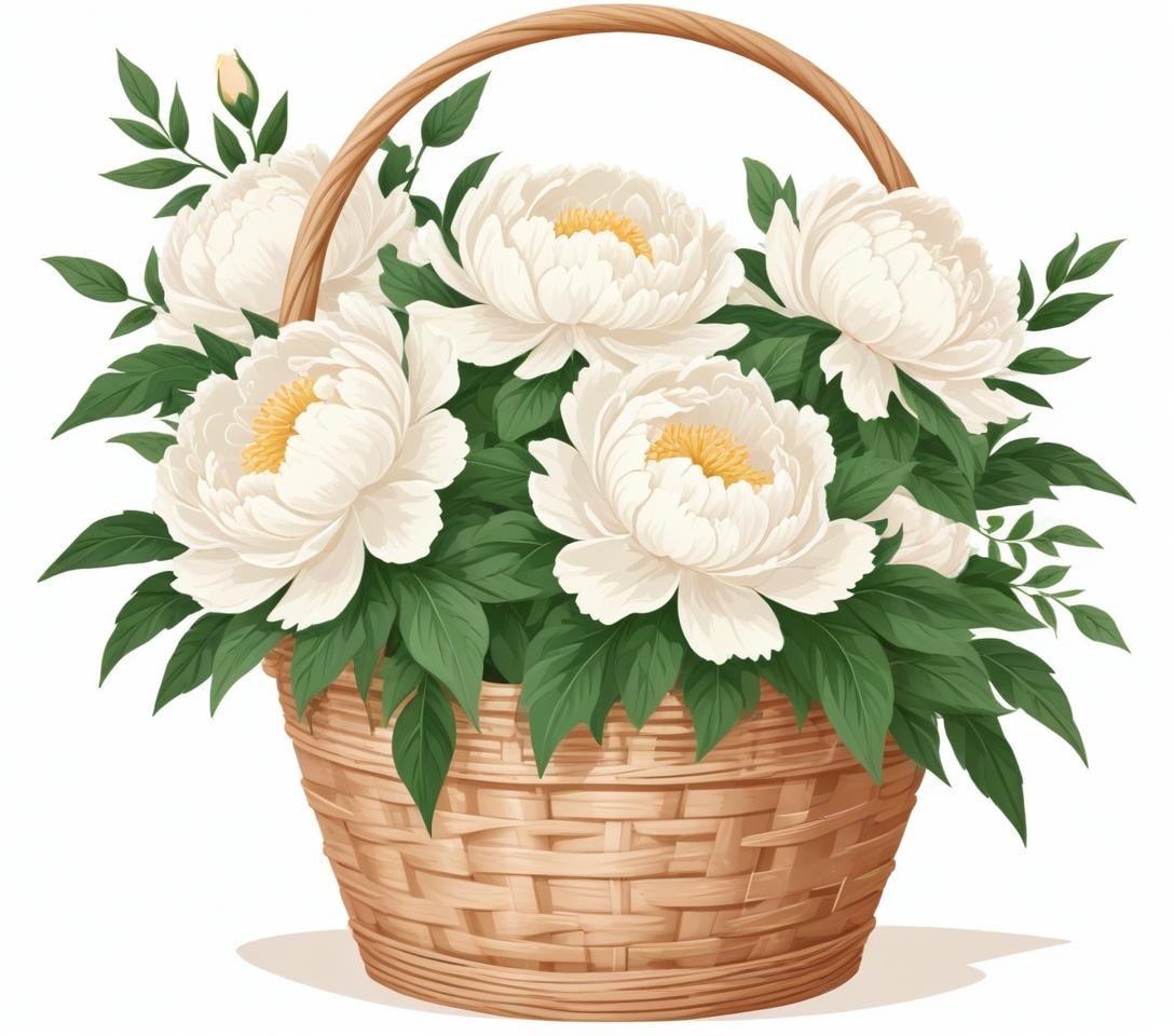 A Wicker Basket Filled With Large Fluffy White Peonies And Greenery 26
