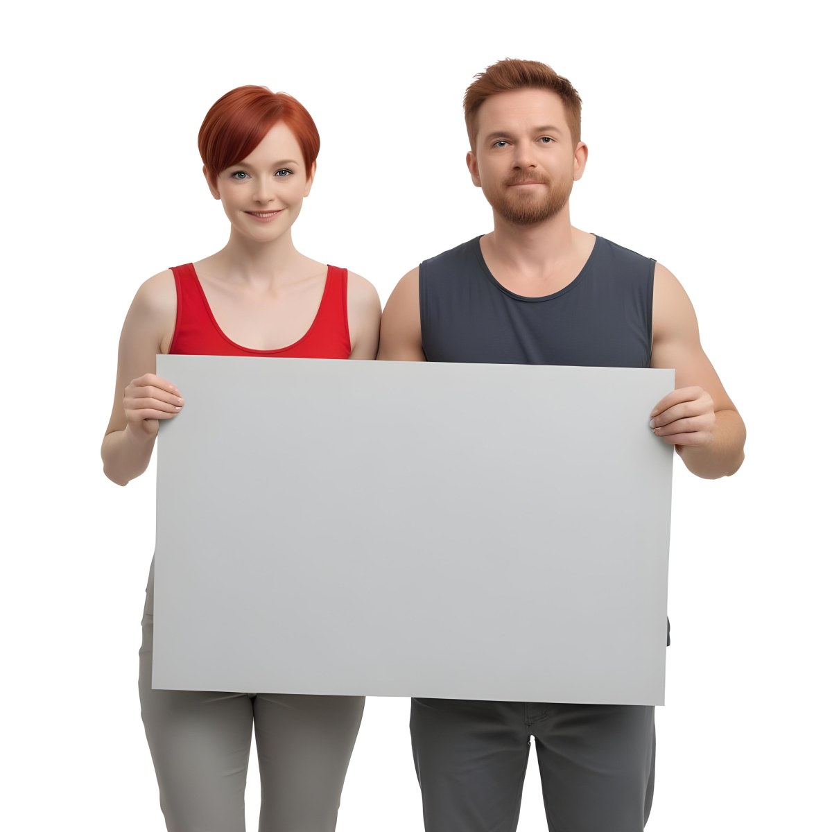A Woman With Short Red Hair Wearing A Red Tank Top And Gray Pants Stands On The Left A Man With Short Red Hair Wearing A Gray Shirt And White Pants Stands On The Right They Are Both Holding A Large Red Blank Sig 6 Bcb9