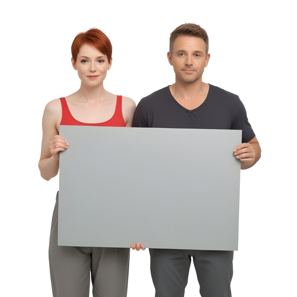 A Woman With Short Red Hair Wearing A Red Tank Top And Gray Pants Stands On The Left A Man With Short Red Hair Wearing A Gray Shirt And White Pants Stands On The Right They Are Both Holding A Large Red Blank Sig 8 Fb01