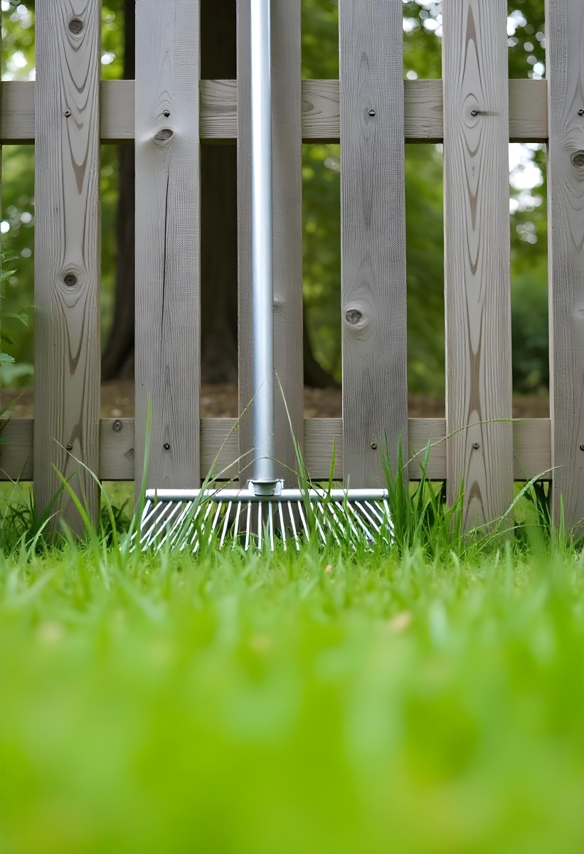 A Wooden Fence With Garden Tools In The Foreground Surrounded By Lush Green Grass 5 1449