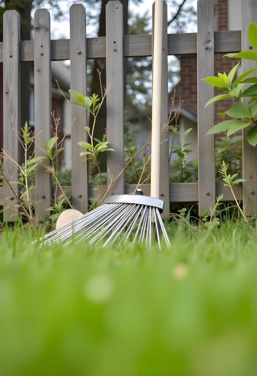A Wooden Fence With Garden Tools In The Foreground Surrounded By Lush Green Grass 7 Fe45