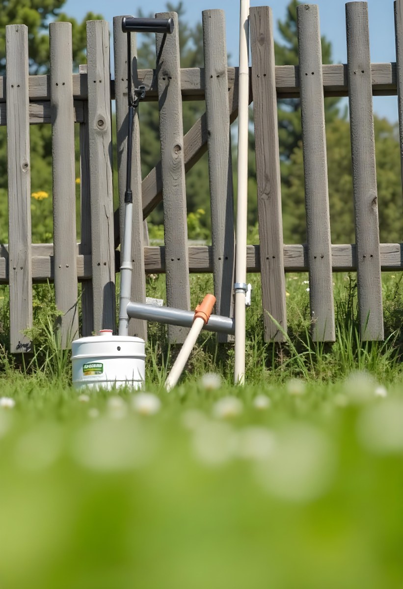 A Wooden Fence With Garden Tools In The Foreground Surrounded By Lush Green Grass 8 83b7
