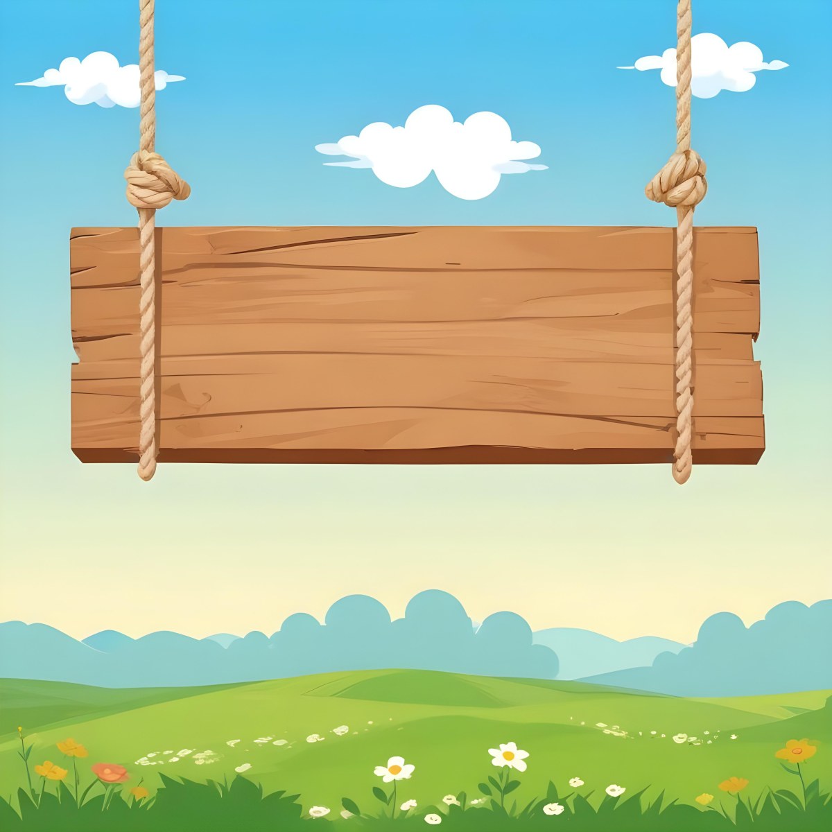 A Wooden Sign Hanging From Ropes Against A Backdrop Of A Green Field With Flowers And A Blue Sky With Clouds Cartoon Style 12 A5a2