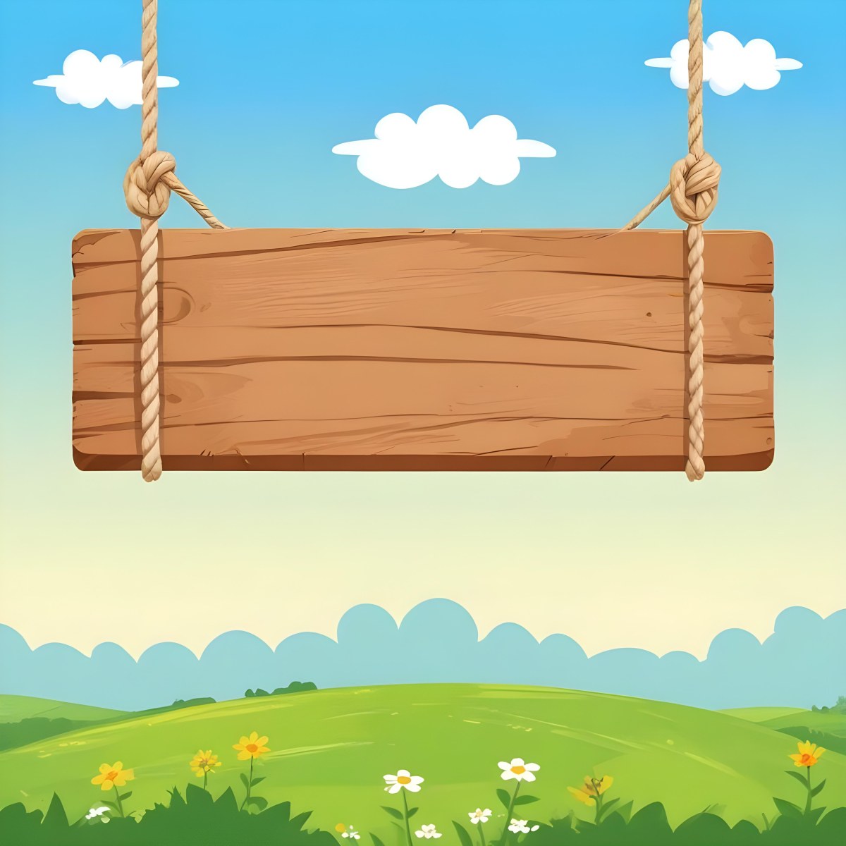 A Wooden Sign Hanging From Ropes Against A Backdrop Of A Green Field With Flowers And A Blue Sky With Clouds Cartoon Style 16 1abb