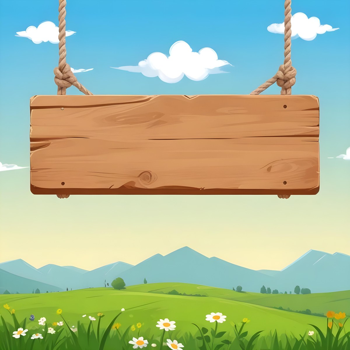 A Wooden Sign Hanging From Ropes Against A Backdrop Of A Green Field With Flowers And A Blue Sky With Clouds Cartoon Style 20 F4bd