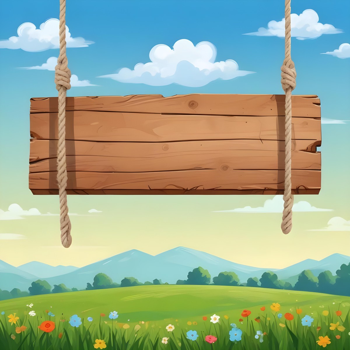 A Wooden Sign Hanging From Ropes Against A Backdrop Of A Green Field With Flowers And A Blue Sky With Clouds Cartoon Style 21 2d2d