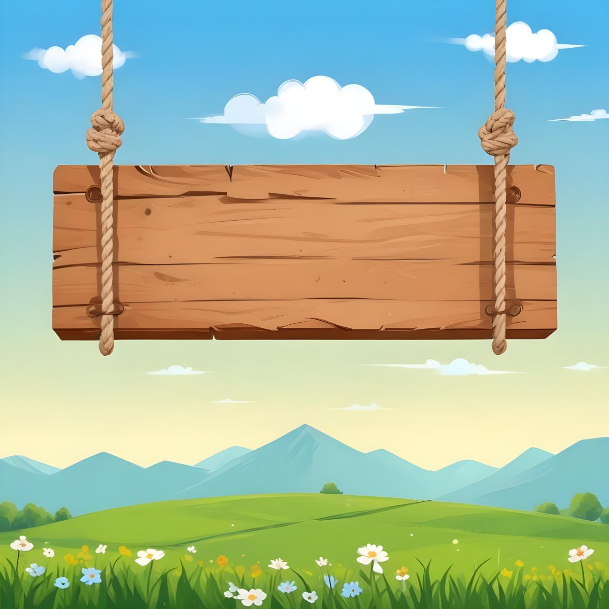 A Wooden Sign Hanging From Ropes Against A Backdrop Of A Green Field With Flowers And A Blue Sky With Clouds Cartoon Style 24 3525