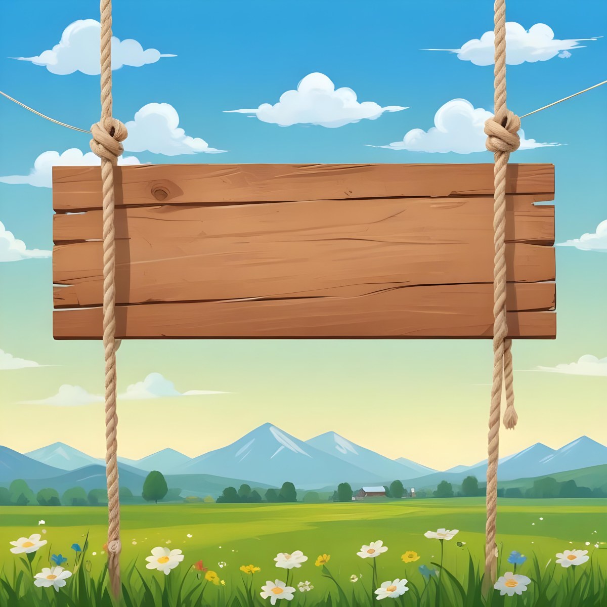A Wooden Sign Hanging From Ropes Against A Backdrop Of A Green Field With Flowers And A Blue Sky With Clouds Cartoon Style 25 Bf94
