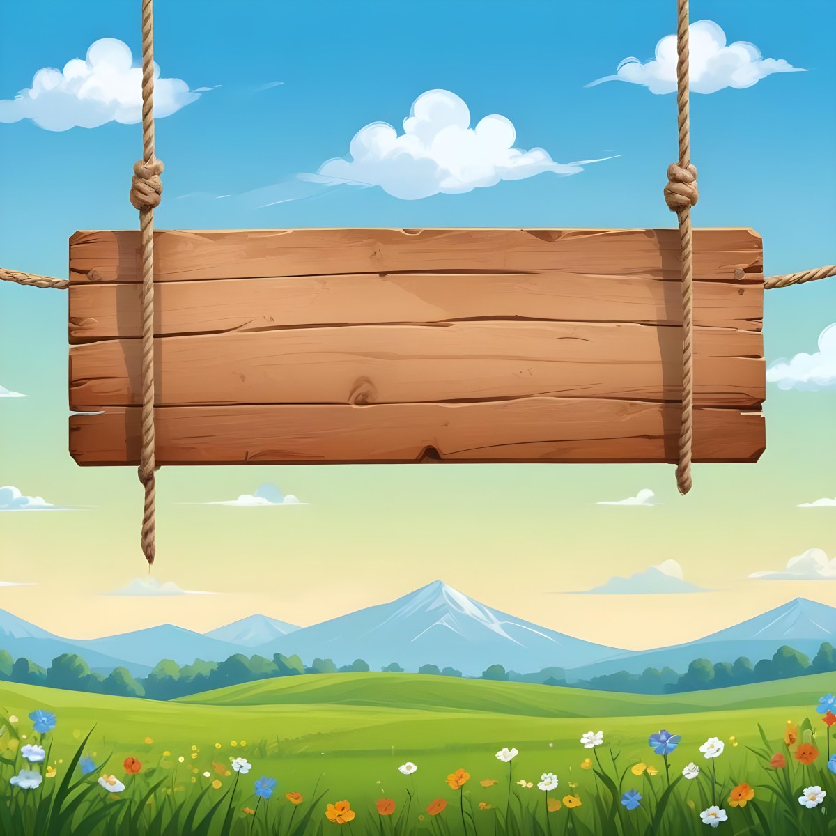 A Wooden Sign Hanging From Ropes Against A Backdrop Of A Green Field With Flowers And A Blue Sky With Clouds Cartoon Style 3 7f7b
