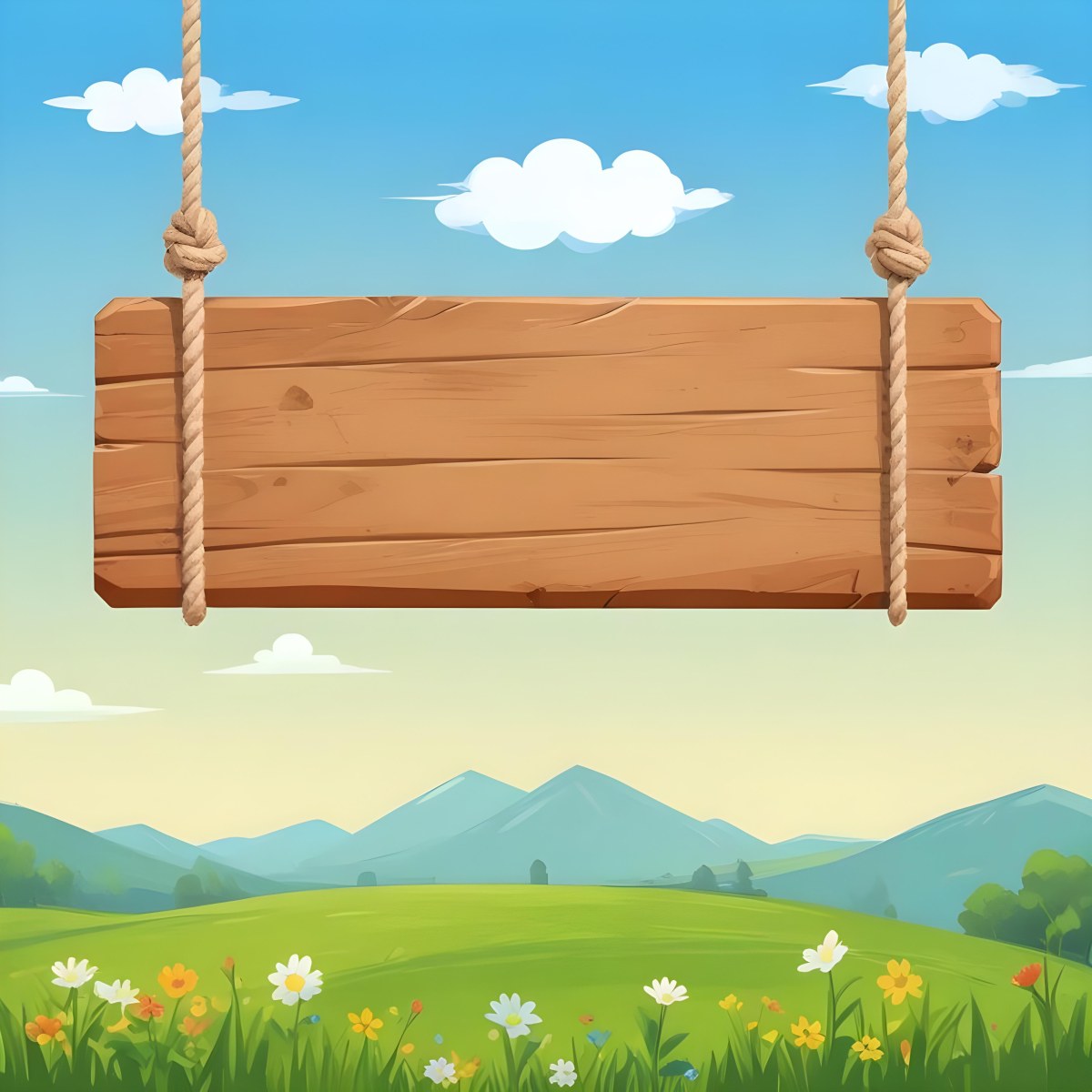 A Wooden Sign Hanging From Ropes Against A Backdrop Of A Green Field With Flowers And A Blue Sky With Clouds Cartoon Style 30 7b12