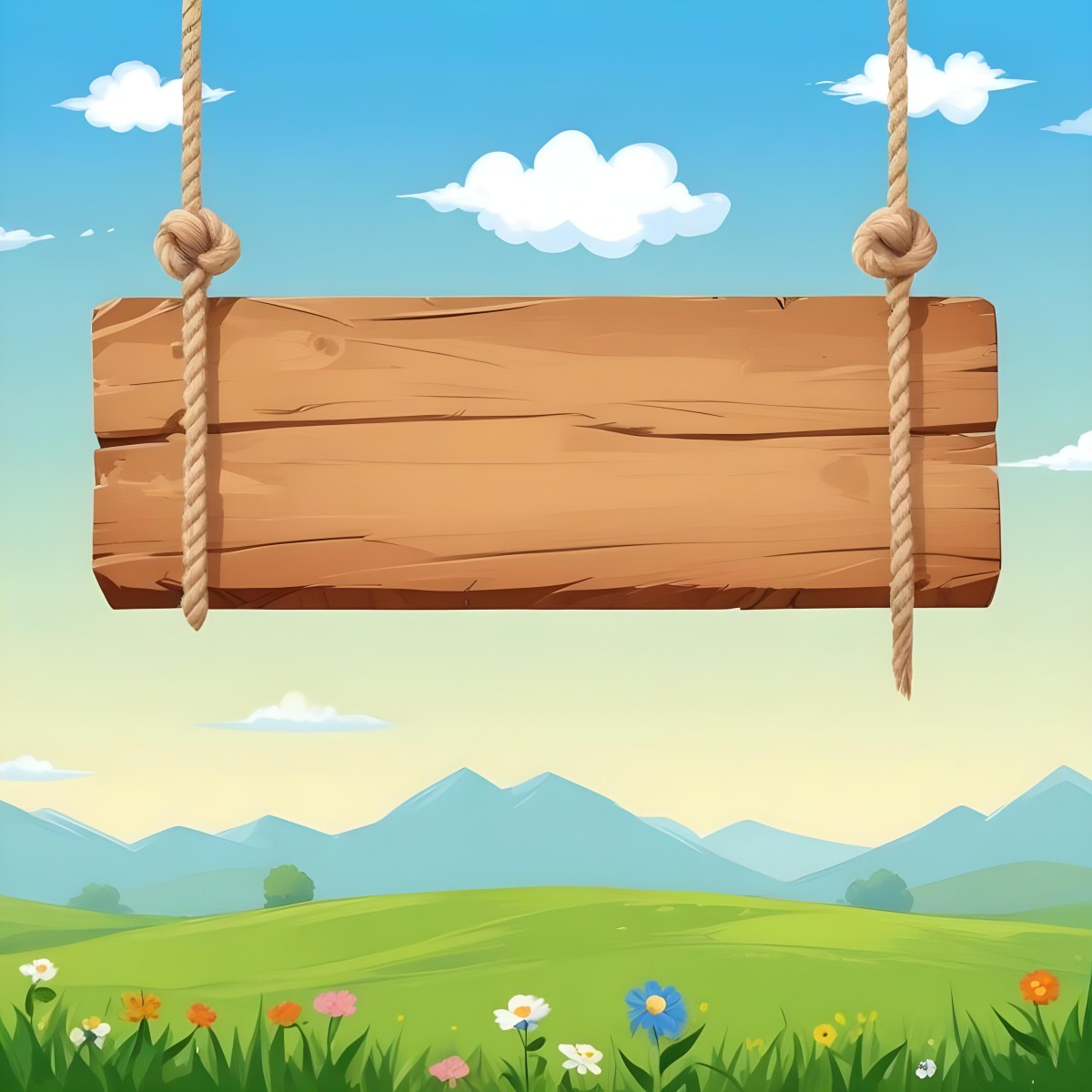 A Wooden Sign Hanging From Ropes Against A Backdrop Of A Green Field With Flowers And A Blue Sky With Clouds Cartoon Style 4 8e4c