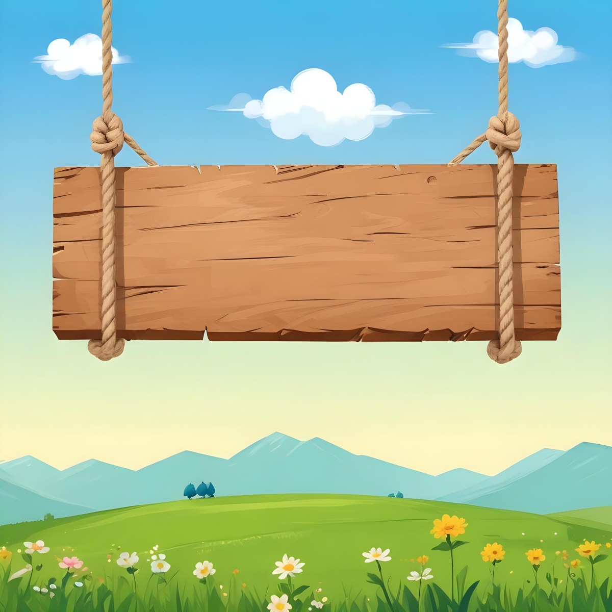 A Wooden Sign Hanging From Ropes Against A Backdrop Of A Green Field With Flowers And A Blue Sky With Clouds Cartoon Style 6 0446