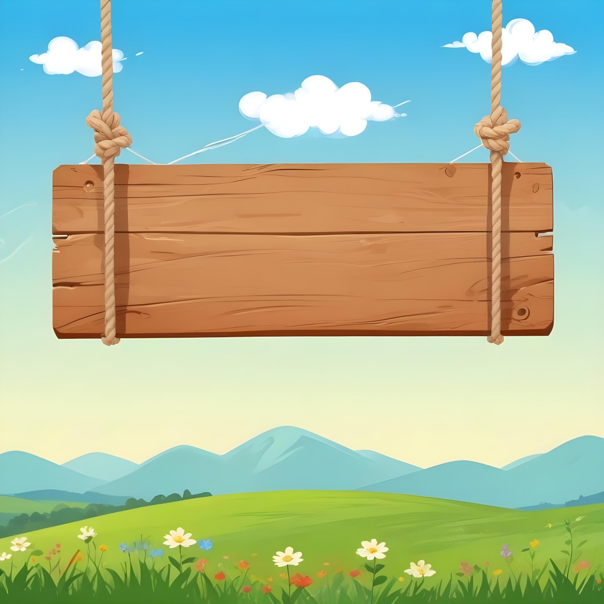 A Wooden Sign Hanging From Ropes Against A Backdrop Of A Green Field With Flowers And A Blue Sky With Clouds Cartoon Style 7 0e6b