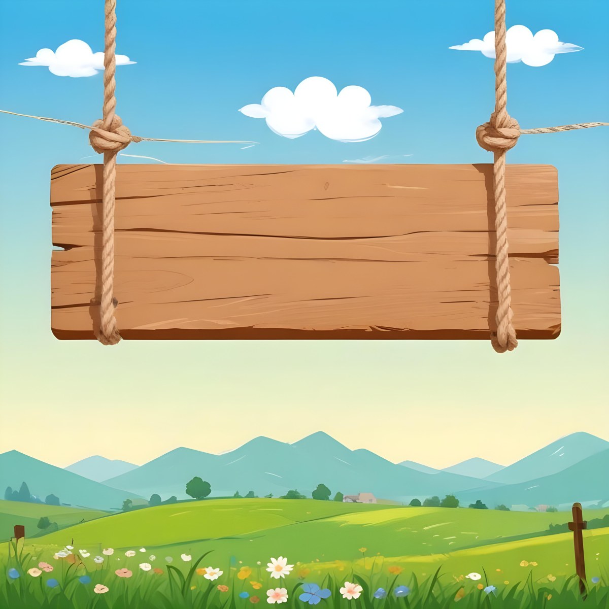 A Wooden Sign Hanging From Ropes Against A Backdrop Of A Green Field With Flowers And A Blue Sky With Clouds Cartoon Style 9 6486