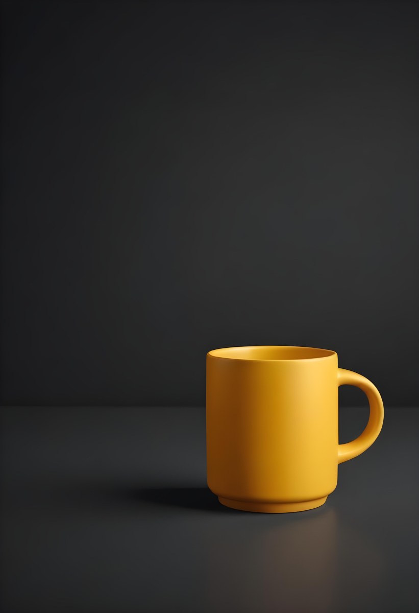 A Yellow Ceramic Mug With A Handle Standing On A Dark Surface Against A Dark Background Minimalist Composition Studio Lighting Clean And Simple 1 3323