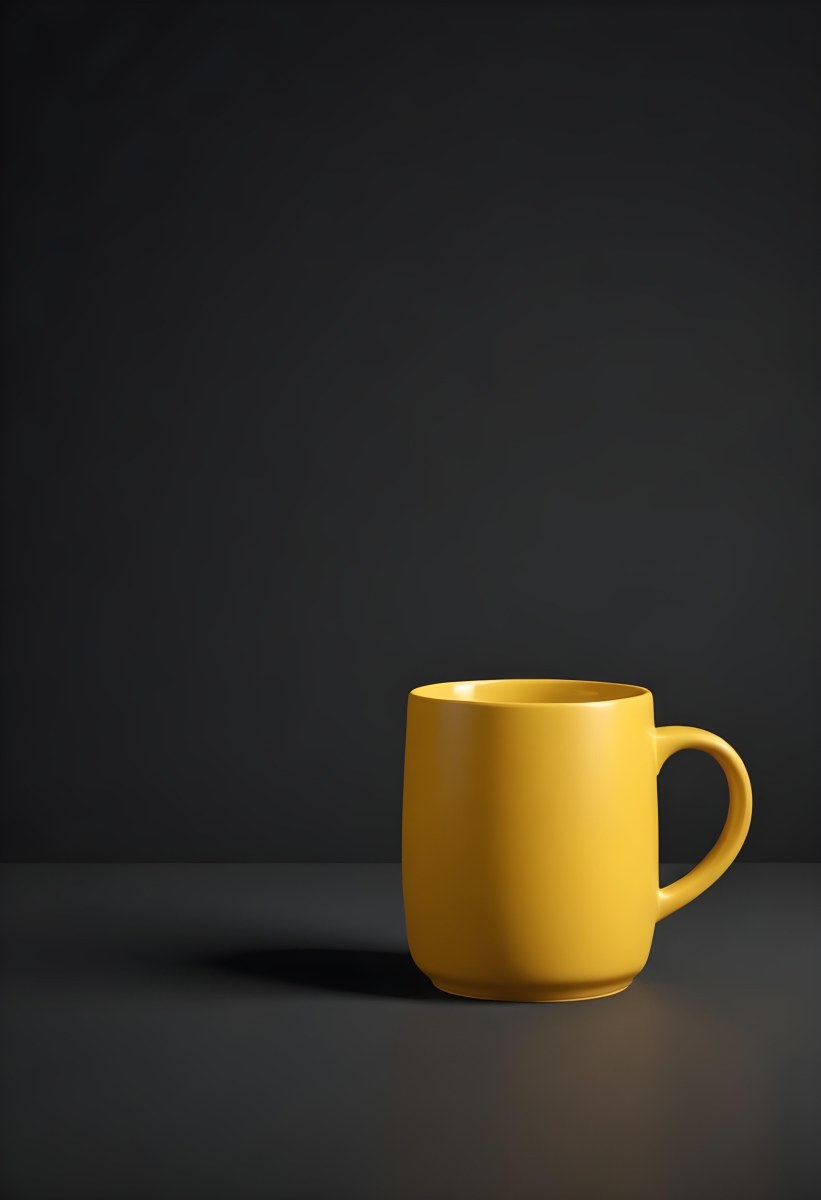 A Yellow Ceramic Mug With A Handle Standing On A Dark Surface Against A Dark Background Minimalist Composition Studio Lighting Clean And Simple 17 4912