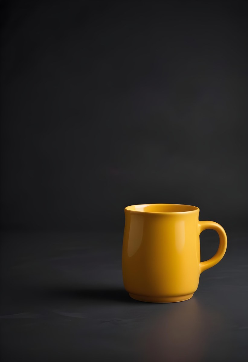 A Yellow Ceramic Mug With A Handle Standing On A Dark Surface Against A Dark Background Minimalist Composition Studio Lighting Clean And Simple 21 C26f