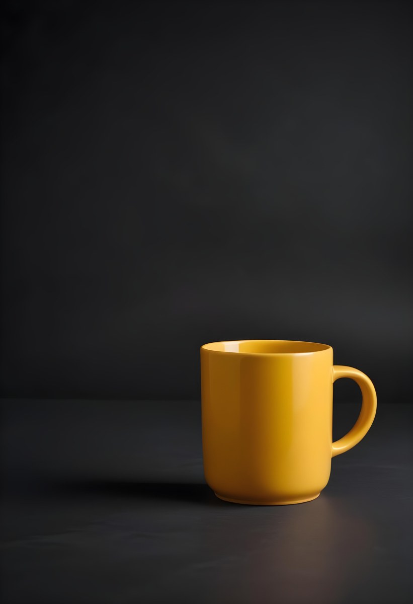 A Yellow Ceramic Mug With A Handle Standing On A Dark Surface Against A Dark Background Minimalist Composition Studio Lighting Clean And Simple 22 91a6