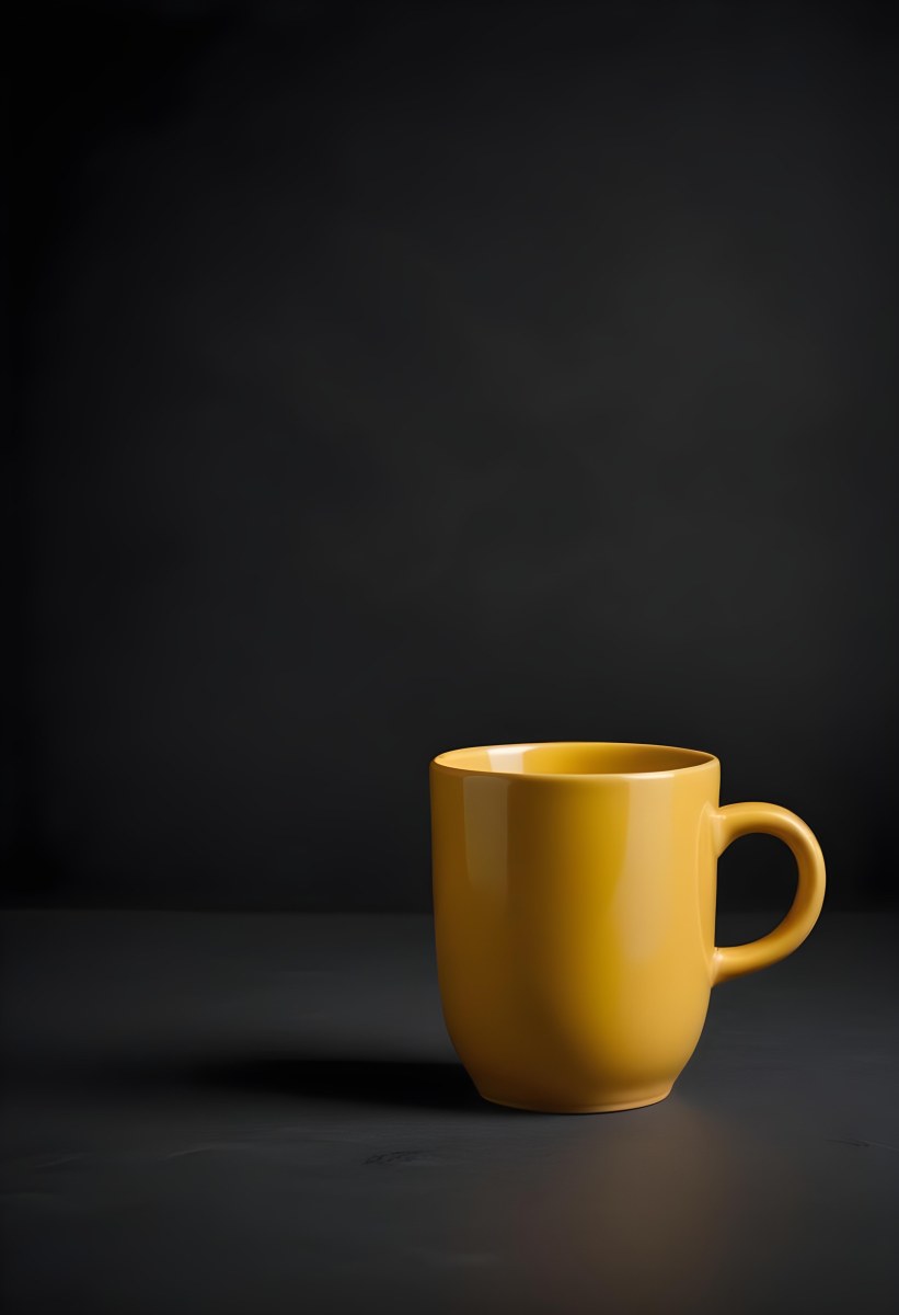 A Yellow Ceramic Mug With A Handle Standing On A Dark Surface Against A Dark Background Minimalist Composition Studio Lighting Clean And Simple 25 A2f6