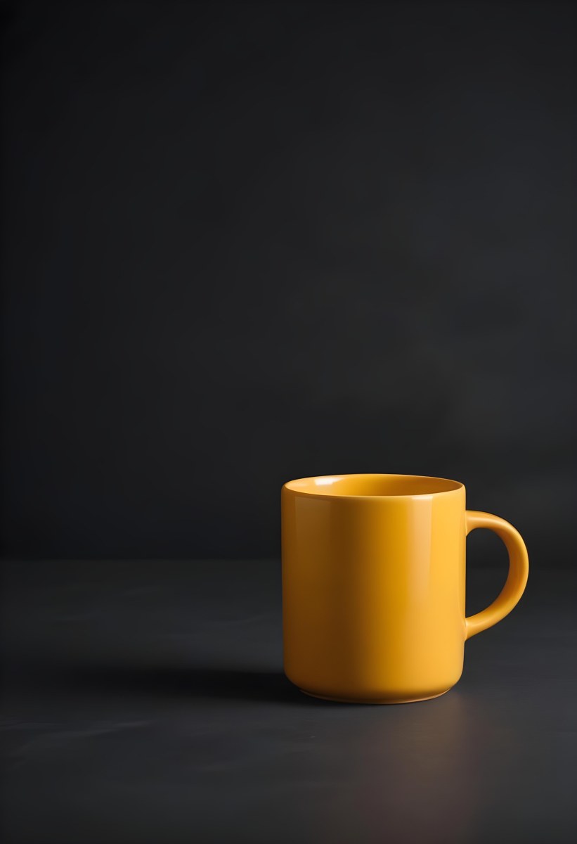 A Yellow Ceramic Mug With A Handle Standing On A Dark Surface Against A Dark Background Minimalist Composition Studio Lighting Clean And Simple 26 1ba1