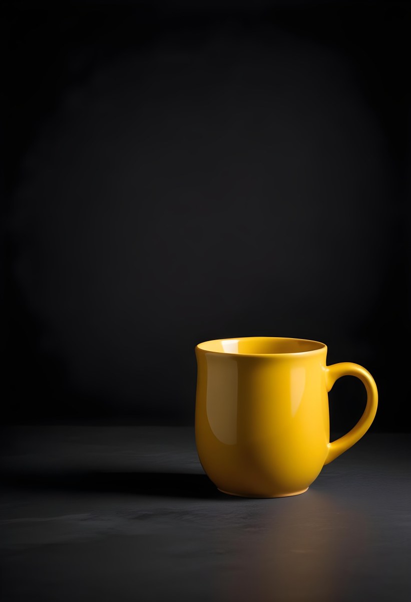 A Yellow Ceramic Mug With A Handle Standing On A Dark Surface Against A Dark Background Minimalist Composition Studio Lighting Clean And Simple 28 D207
