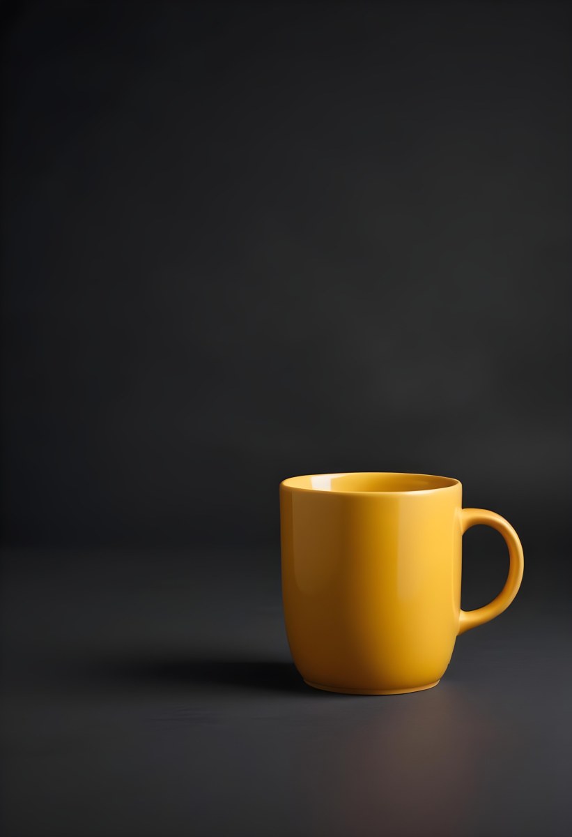 A Yellow Ceramic Mug With A Handle Standing On A Dark Surface Against A Dark Background Minimalist Composition Studio Lighting Clean And Simple 29 5fd0