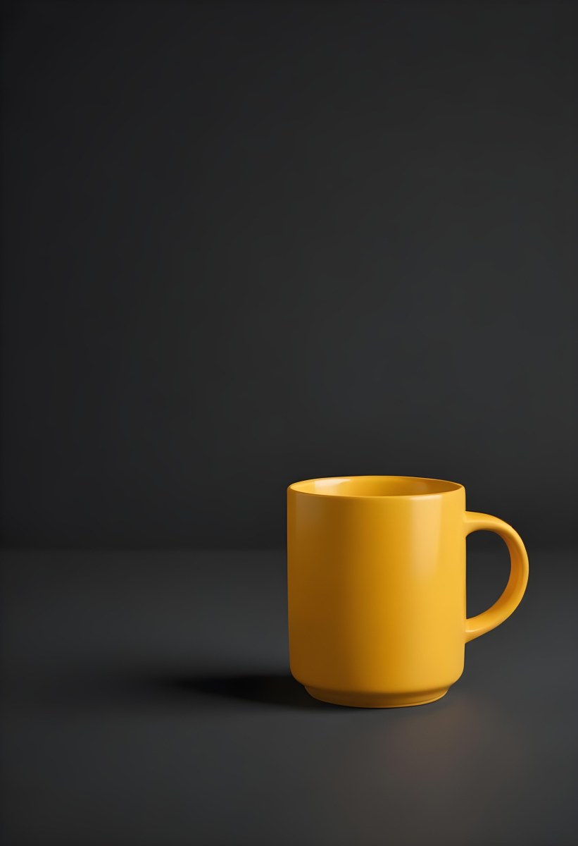 A Yellow Ceramic Mug With A Handle Standing On A Dark Surface Against A Dark Background Minimalist Composition Studio Lighting Clean And Simple 3 D0b7