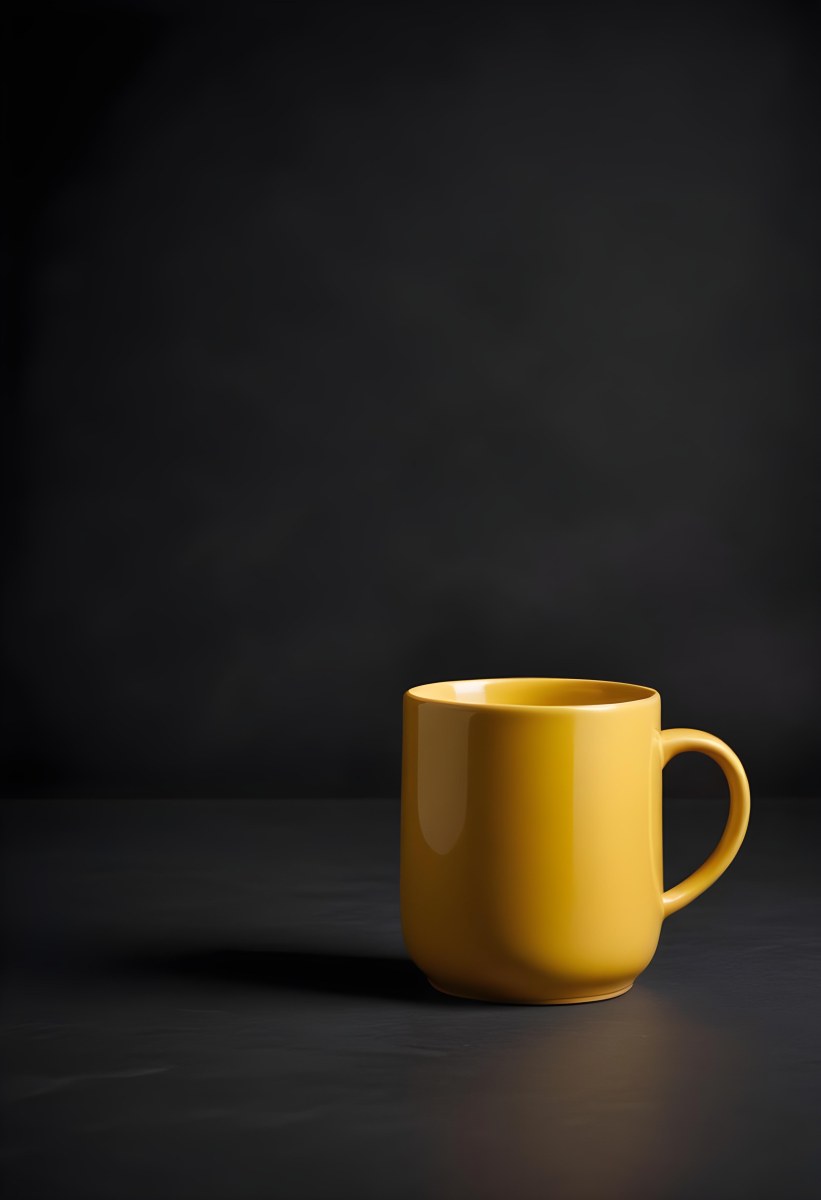 A Yellow Ceramic Mug With A Handle Standing On A Dark Surface Against A Dark Background Minimalist Composition Studio Lighting Clean And Simple 31 04b4