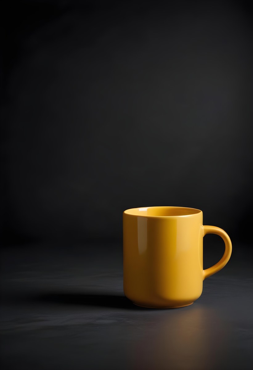 A Yellow Ceramic Mug With A Handle Standing On A Dark Surface Against A Dark Background Minimalist Composition Studio Lighting Clean And Simple 32 6079