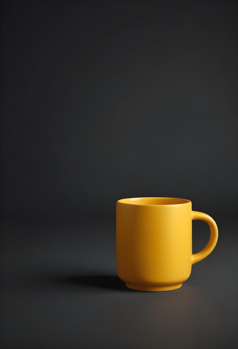A Yellow Ceramic Mug With A Handle Standing On A Dark Surface Against A Dark Background Minimalist Composition Studio Lighting Clean And Simple 4 A417