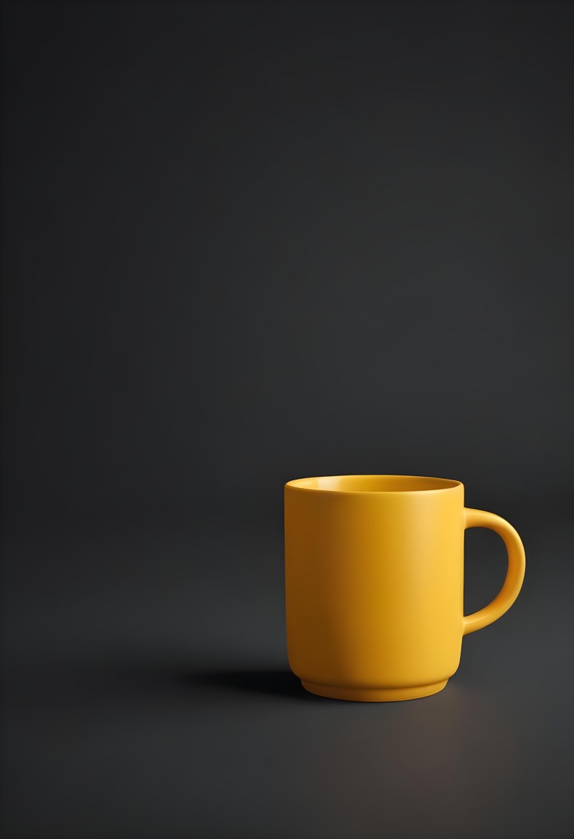 A Yellow Ceramic Mug With A Handle Standing On A Dark Surface Against A Dark Background Minimalist Composition Studio Lighting Clean And Simple 7 C1e9