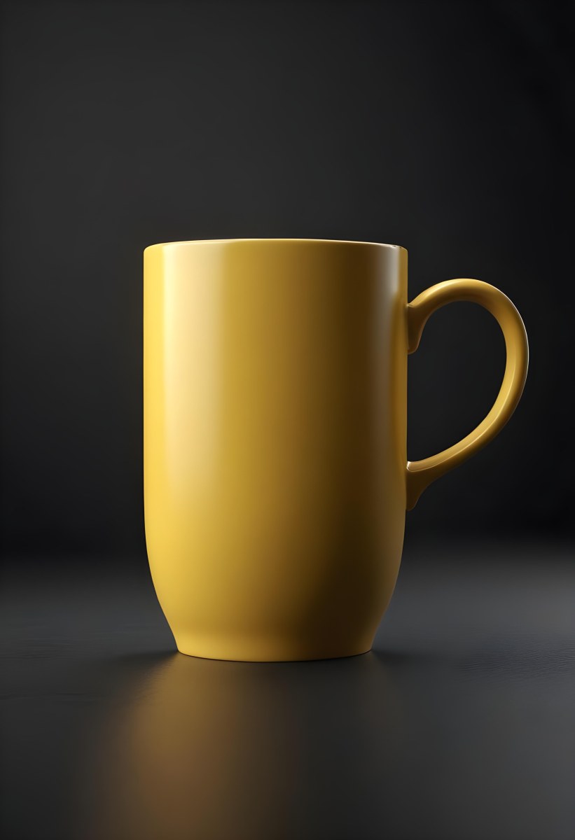 A Yellow Ceramic Mug With A Handle Standing On A Dark Surface Against A Dark Background Minimalist Composition Studio Lighting Clean And Simple 8 81a9
