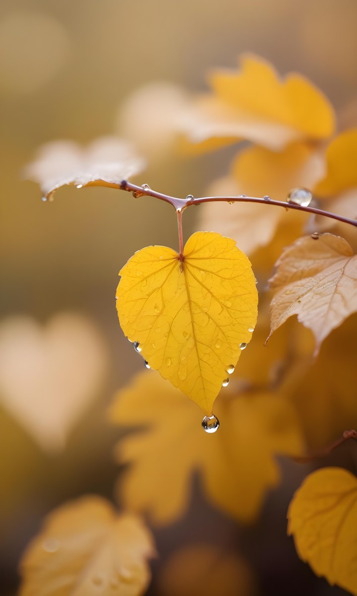 A Yellow Heart Shaped Leaf With Water Droplets On A Blurred Autumn Background 5 6ded