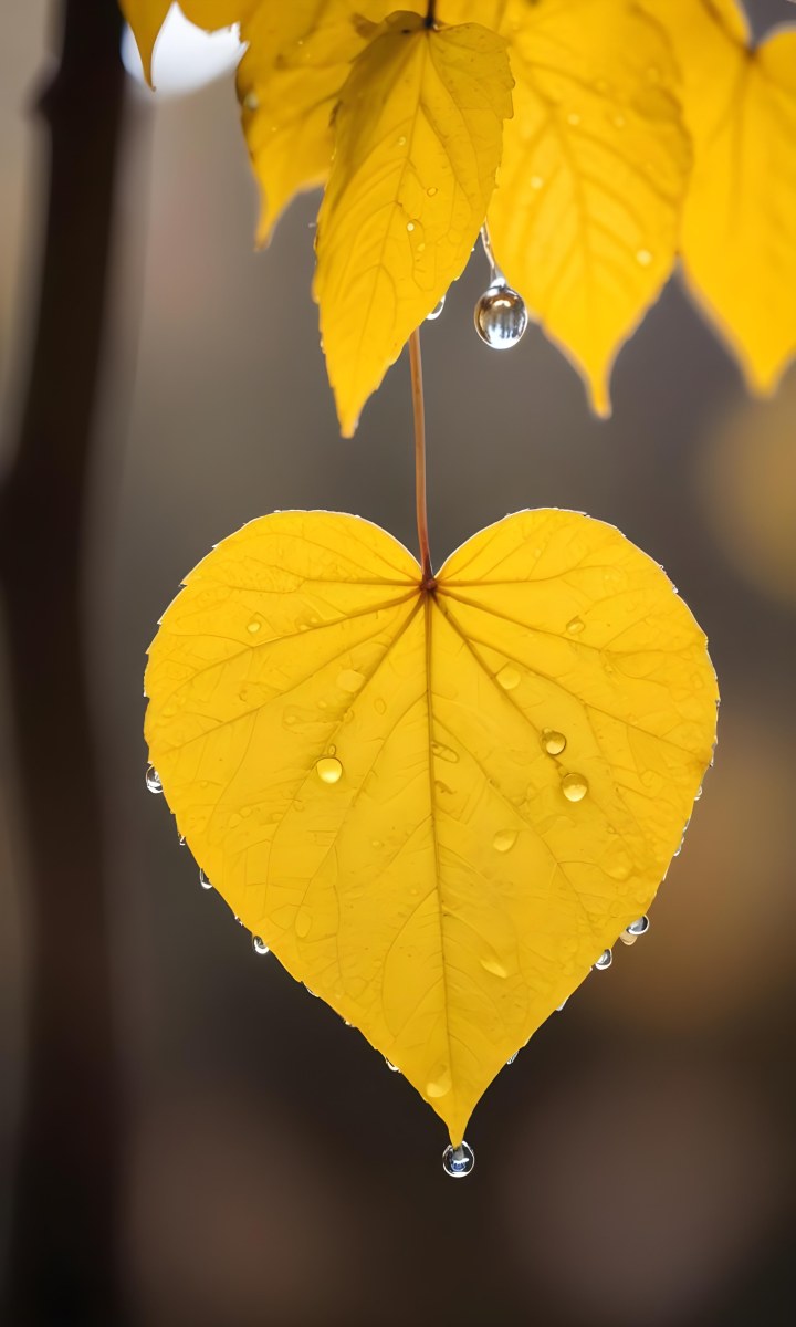 A Yellow Heart Shaped Leaf With Water Droplets On A Blurred Autumn Background 7 79ff