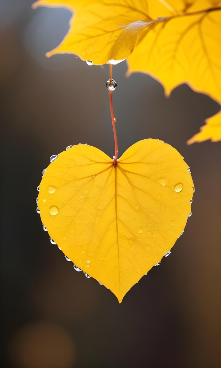 A Yellow Heart Shaped Leaf With Water Droplets On A Blurred Autumn Background 9 0f0b