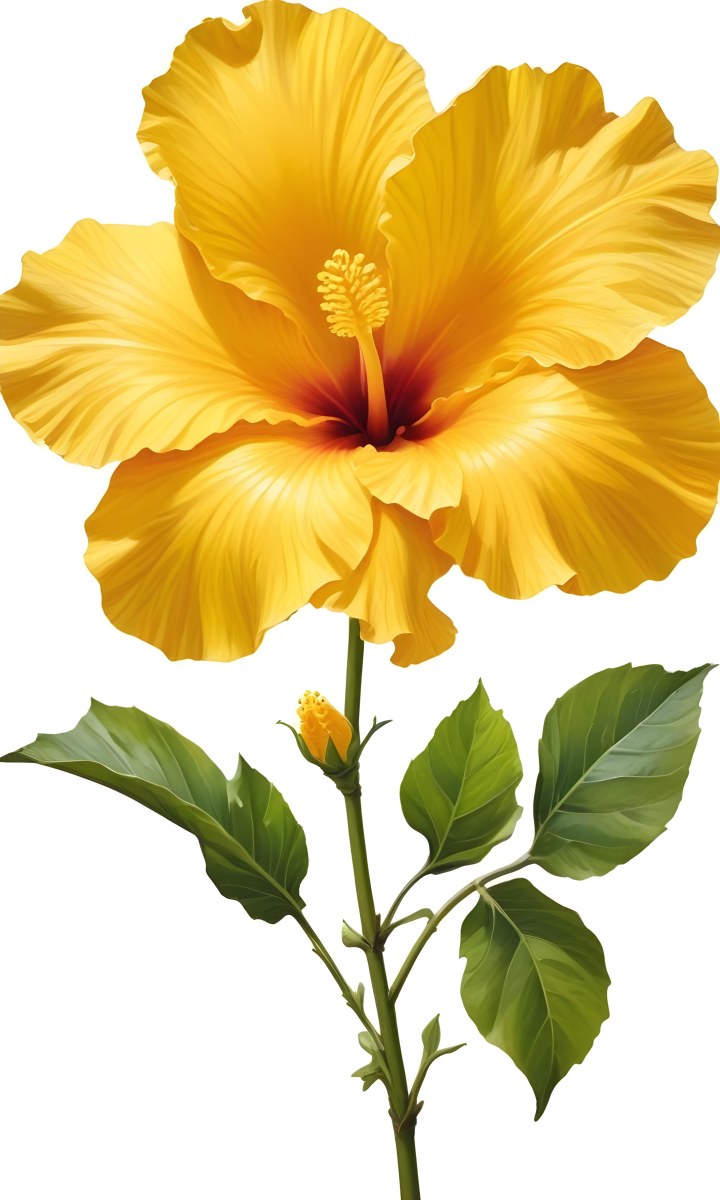 A Yellow Hibiscus Flower With Yellow Leaves And A Long Stem The Background Is Yellow The Flower Is In Full Bloom Detailed Petals 11 9fbc
