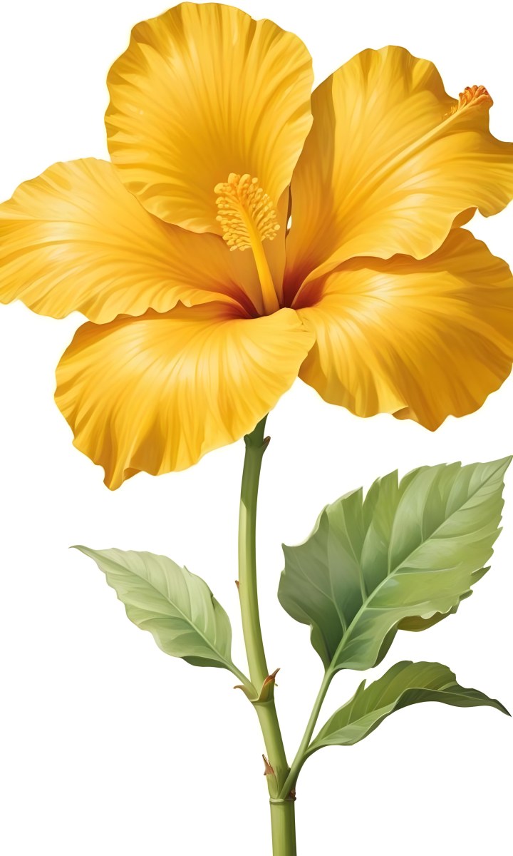 A Yellow Hibiscus Flower With Yellow Leaves And A Long Stem The Background Is Yellow The Flower Is In Full Bloom Detailed Petals 12 Fdf5