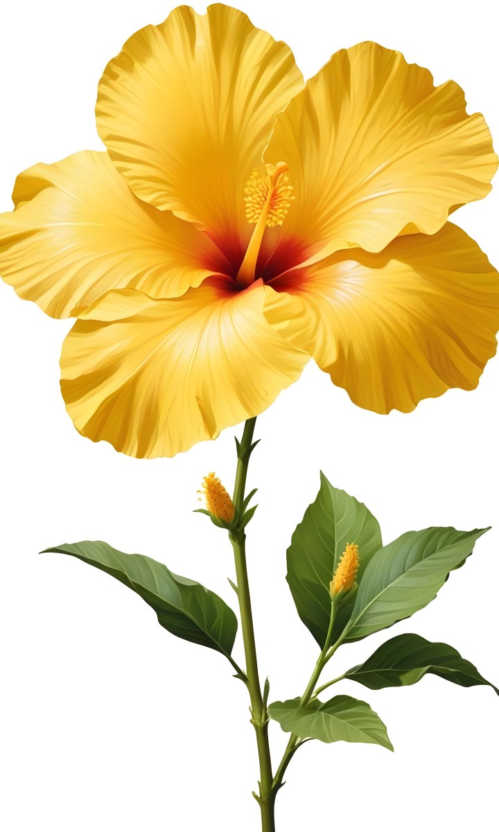 A Yellow Hibiscus Flower With Yellow Leaves And A Long Stem The Background Is Yellow The Flower Is In Full Bloom Detailed Petals 13 8c79