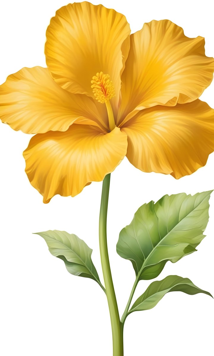 A Yellow Hibiscus Flower With Yellow Leaves And A Long Stem The Background Is Yellow The Flower Is In Full Bloom Detailed Petals 14 Dd9c