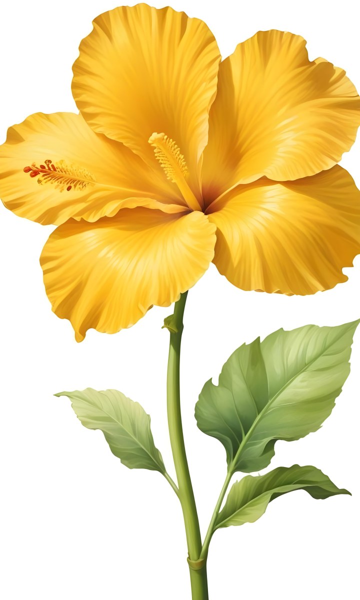 A Yellow Hibiscus Flower With Yellow Leaves And A Long Stem The Background Is Yellow The Flower Is In Full Bloom Detailed Petals 17 D852