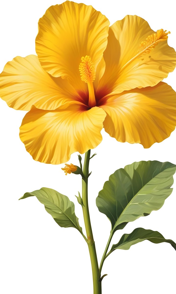A Yellow Hibiscus Flower With Yellow Leaves And A Long Stem The Background Is Yellow The Flower Is In Full Bloom Detailed Petals 18 E3f9
