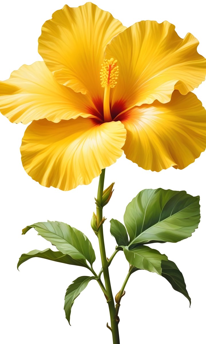 A Yellow Hibiscus Flower With Yellow Leaves And A Long Stem The Background Is Yellow The Flower Is In Full Bloom Detailed Petals 20 73d7