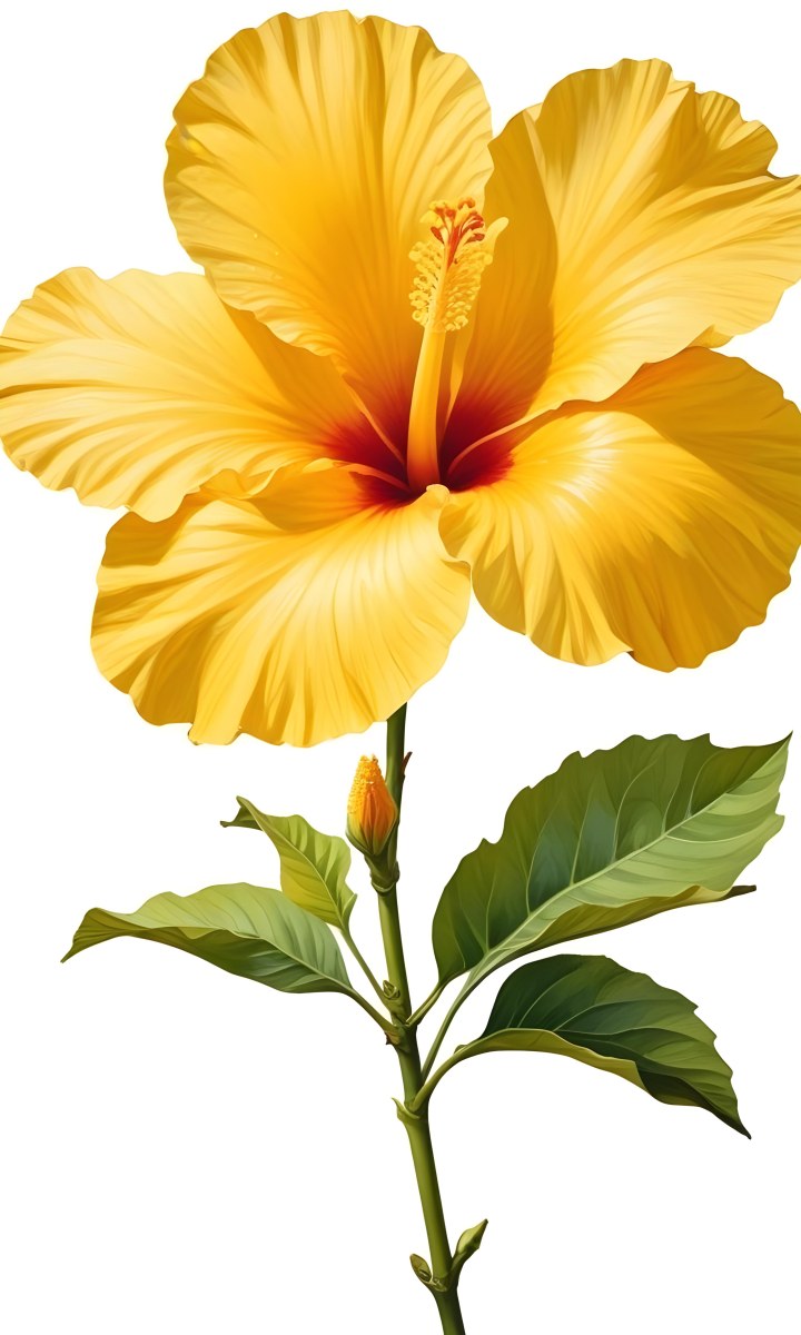 A Yellow Hibiscus Flower With Yellow Leaves And A Long Stem The Background Is Yellow The Flower Is In Full Bloom Detailed Petals 26 73db