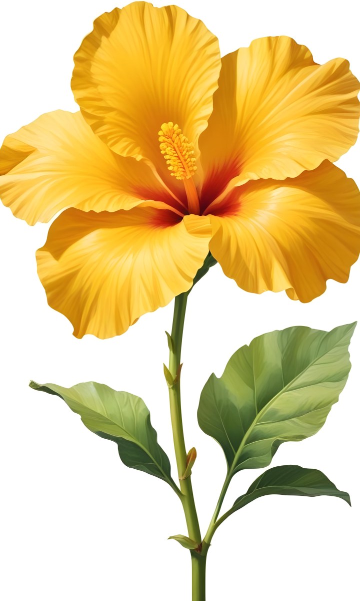 A Yellow Hibiscus Flower With Yellow Leaves And A Long Stem The Background Is Yellow The Flower Is In Full Bloom Detailed Petals 3 85c7