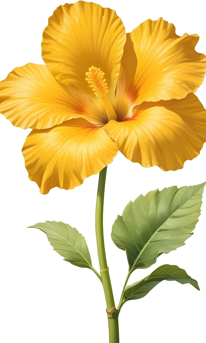 A Yellow Hibiscus Flower With Yellow Leaves And A Long Stem The Background Is Yellow The Flower Is In Full Bloom Detailed Petals 4 4ef5
