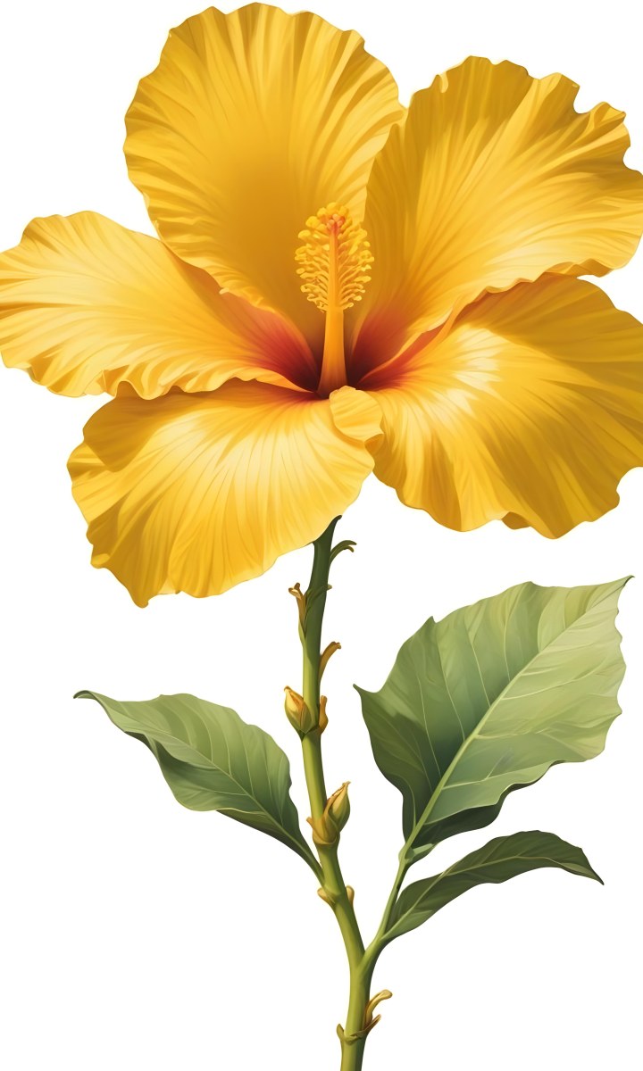 A Yellow Hibiscus Flower With Yellow Leaves And A Long Stem The Background Is Yellow The Flower Is In Full Bloom Detailed Petals 5 F5b4