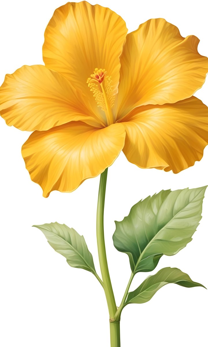 A Yellow Hibiscus Flower With Yellow Leaves And A Long Stem The Background Is Yellow The Flower Is In Full Bloom Detailed Petals 6 Bd4f